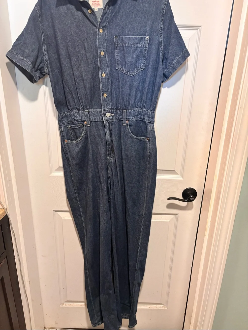 Denim Short-Sleeve women’s One-Piece Jumpsuit - Blue